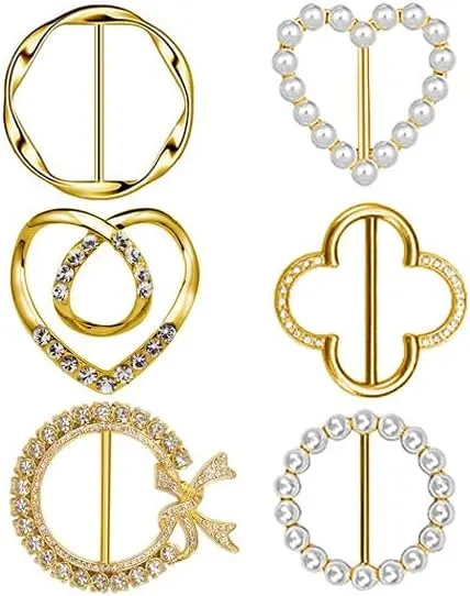 6PCS Silk Scarf Ring Clip T-shirt Tie Clips for Women Fashion Metal Ring Scarves Clasp Waist Buckle for Shirts Clothing Gold Zinc Alloy Pearl Clothing Ring Wrap Holder with 1 Exquisite Box
