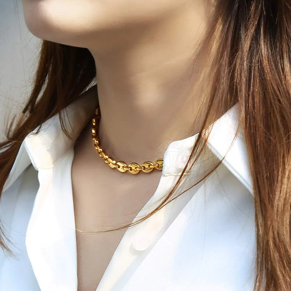 7/9/11mm Gold Plated Stainless Steel Marina Coffee Beans Link Chain Necklace for Men Women 18-24inch
