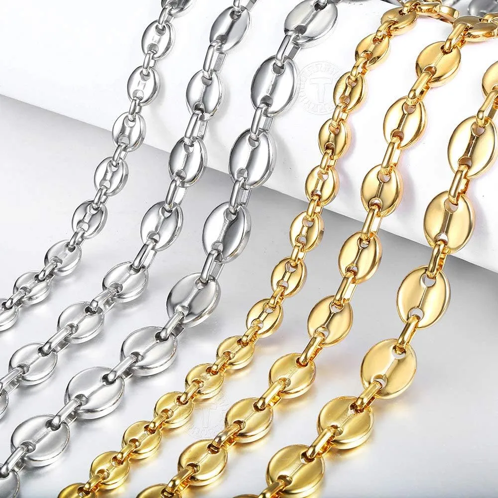 7/9/11mm Gold Plated Stainless Steel Marina Coffee Beans Link Chain Necklace for Men Women 18-24inch