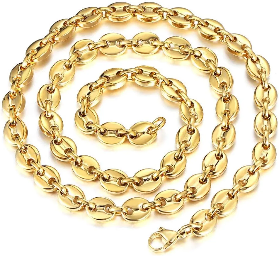 7/9/11mm Gold Plated Stainless Steel Marina Coffee Beans Link Chain Necklace for Men Women 18-24inch