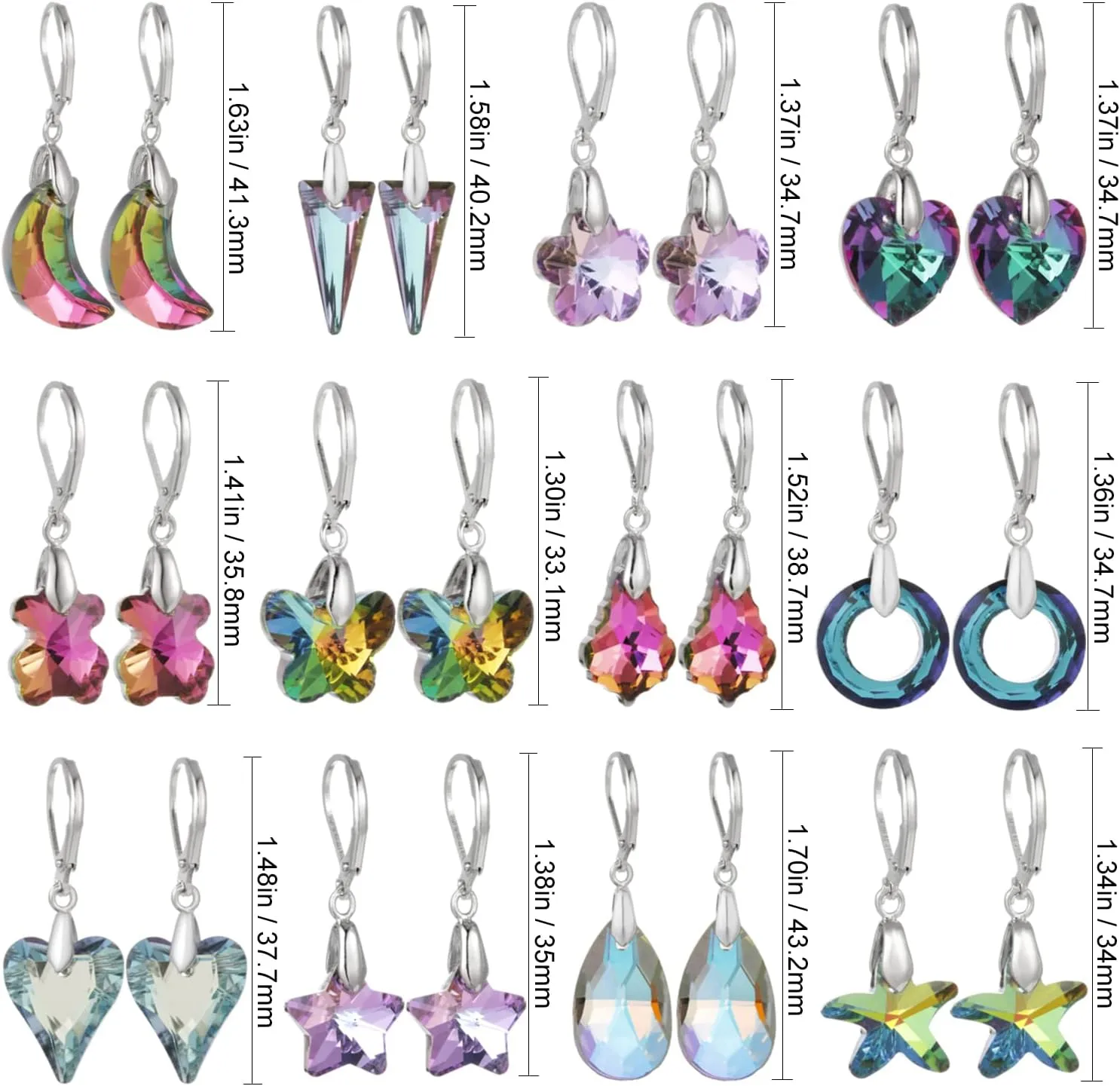 9-12 Pairs Silver Cubic Zirconia Earrings Set, Sparkling Crystal CZ Round Starfish Heart Teardrop Dangle Drop Healing Gemstone Copper Hypoallergenic Leverback Hoop Earring for Women Girls