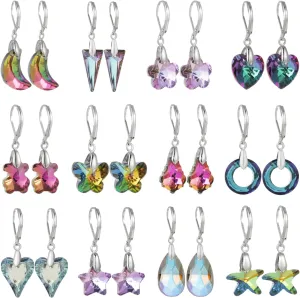 9-12 Pairs Silver Cubic Zirconia Earrings Set, Sparkling Crystal CZ Round Starfish Heart Teardrop Dangle Drop Healing Gemstone Copper Hypoallergenic Leverback Hoop Earring for Women Girls