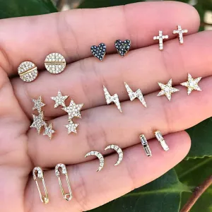 9 Pairs Boho Crystal Earring Set Cute Hoop Stud Cross Love Cartilage Earrings Jewelry Sparkling Dainty Moon Ear Accessories for Women and Girls