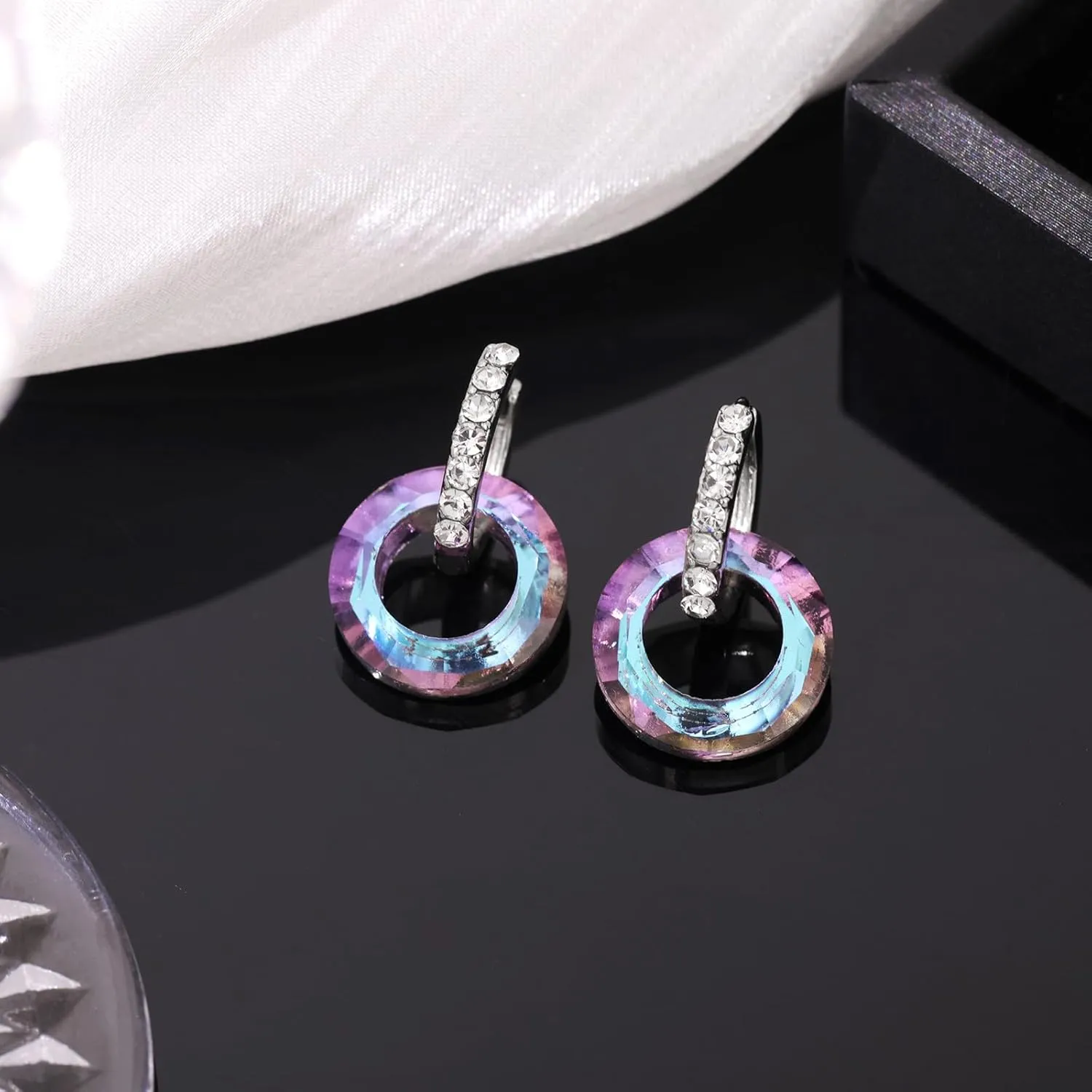 925 Sterling Silver Circle Crystal Earrings for Women, Hypoallergenic Dangle Hoop Earring with Cubic Zirconia, Crystals Jewelry Collection Round Earrings