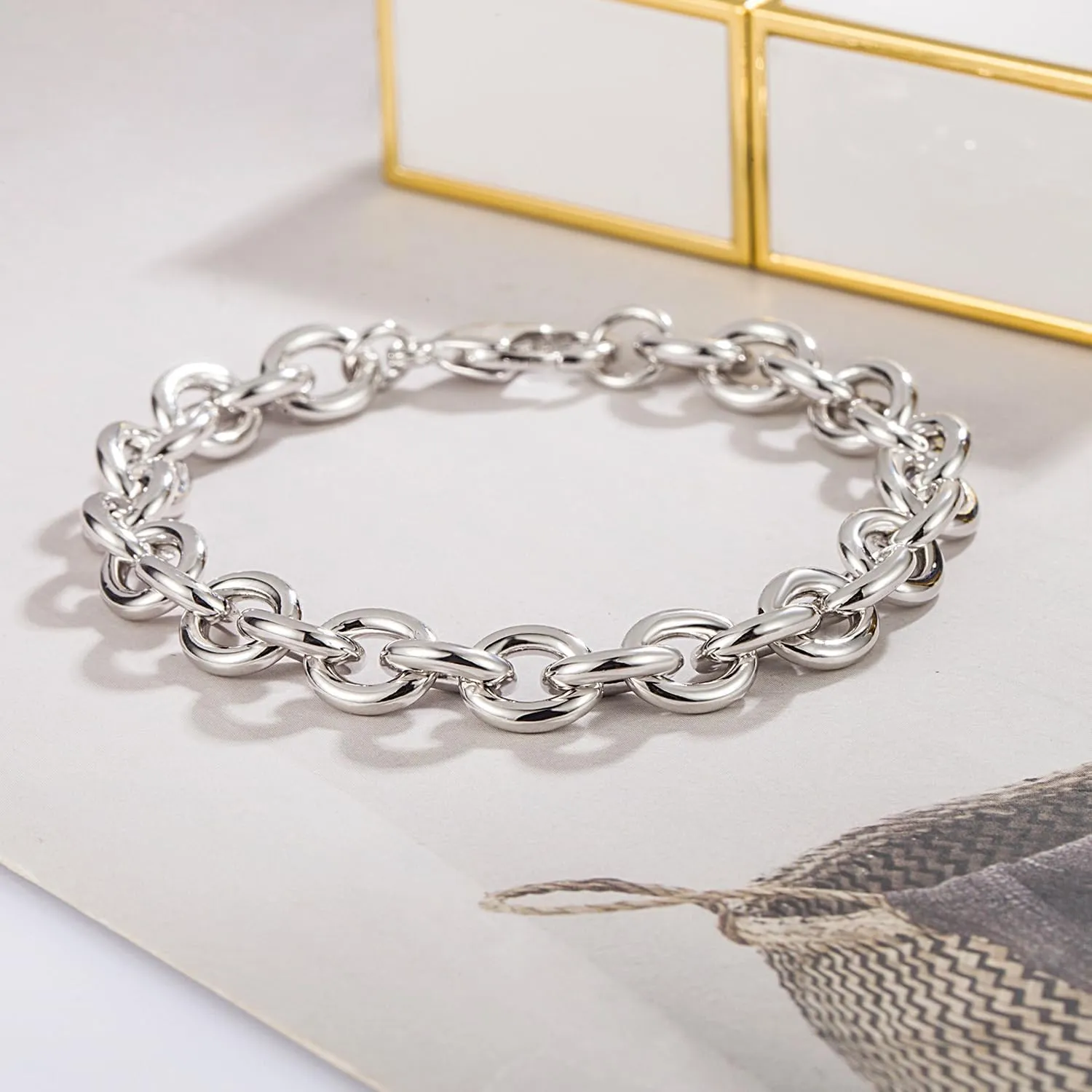 925 Sterling Silver Classic Round Cable Wire Link Bracelet Women Cuban Curb Oval Belcher Link Chain 5.9 to 9 in For Men 24k Gold Plated Cuff Jewelry Gift