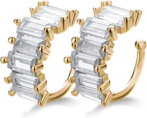 925 Sterling Silver Gold Plated Cubic Zirconia Sparkling Round Huggie Ear Cuff Earrings | No Piercing Cartilage Ear Cuff CZ Adjustable Ear Clip Wrap Around Earring Jewelry Gifts for Women