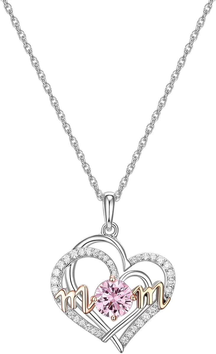 925 Sterling Silver Love Heart Pendant Necklace, Cubic Zirconia Pendant Necklaces for women, Birthstone Jewelry Gifts for Mom
