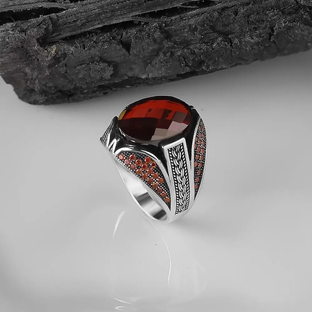 925 Sterling Silver Men's Garnet Stone Ring, Handmade, Gemstone, Red Stone Silver Ring, Gift for Him