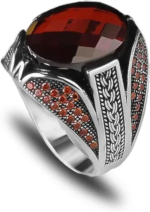925 Sterling Silver Men's Garnet Stone Ring, Handmade, Gemstone, Red Stone Silver Ring, Gift for Him
