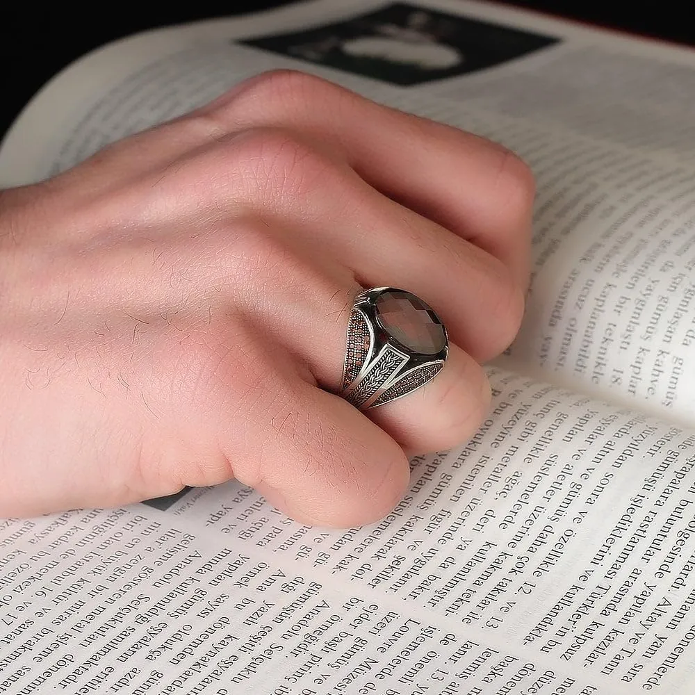 925 Sterling Silver Men's Garnet Stone Ring, Handmade, Gemstone, Red Stone Silver Ring, Gift for Him