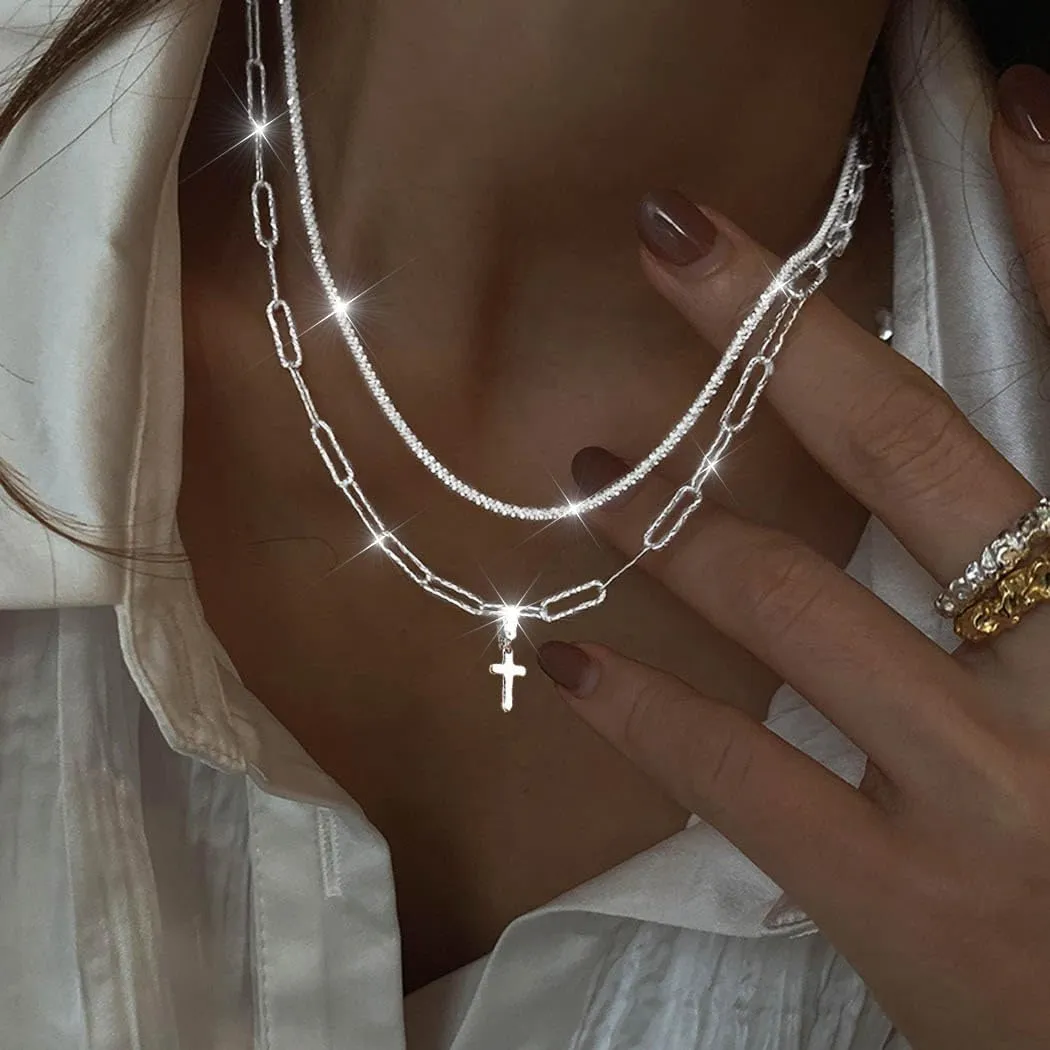 925 Sterling Silver Necklace for Women Dainty Layered Necklaces Silver Tiny Cross Pendant Necklace Jewelry Gifts