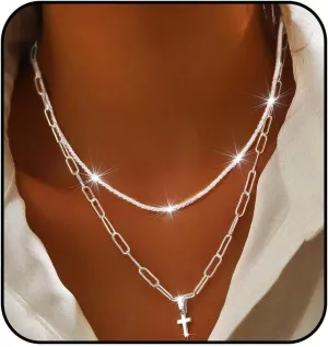 925 Sterling Silver Necklace for Women Dainty Layered Necklaces Silver Tiny Cross Pendant Necklace Jewelry Gifts