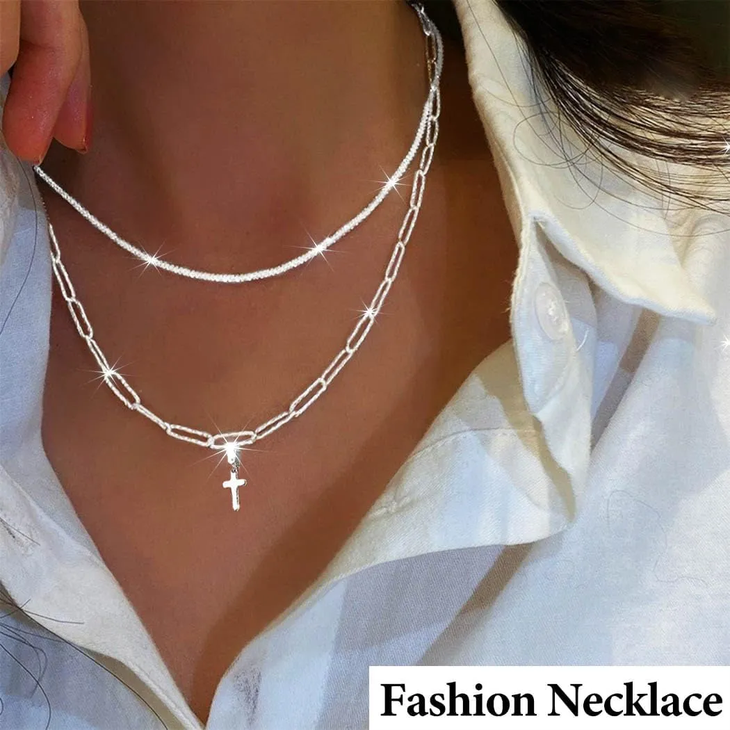 925 Sterling Silver Necklace for Women Dainty Layered Necklaces Silver Tiny Cross Pendant Necklace Jewelry Gifts