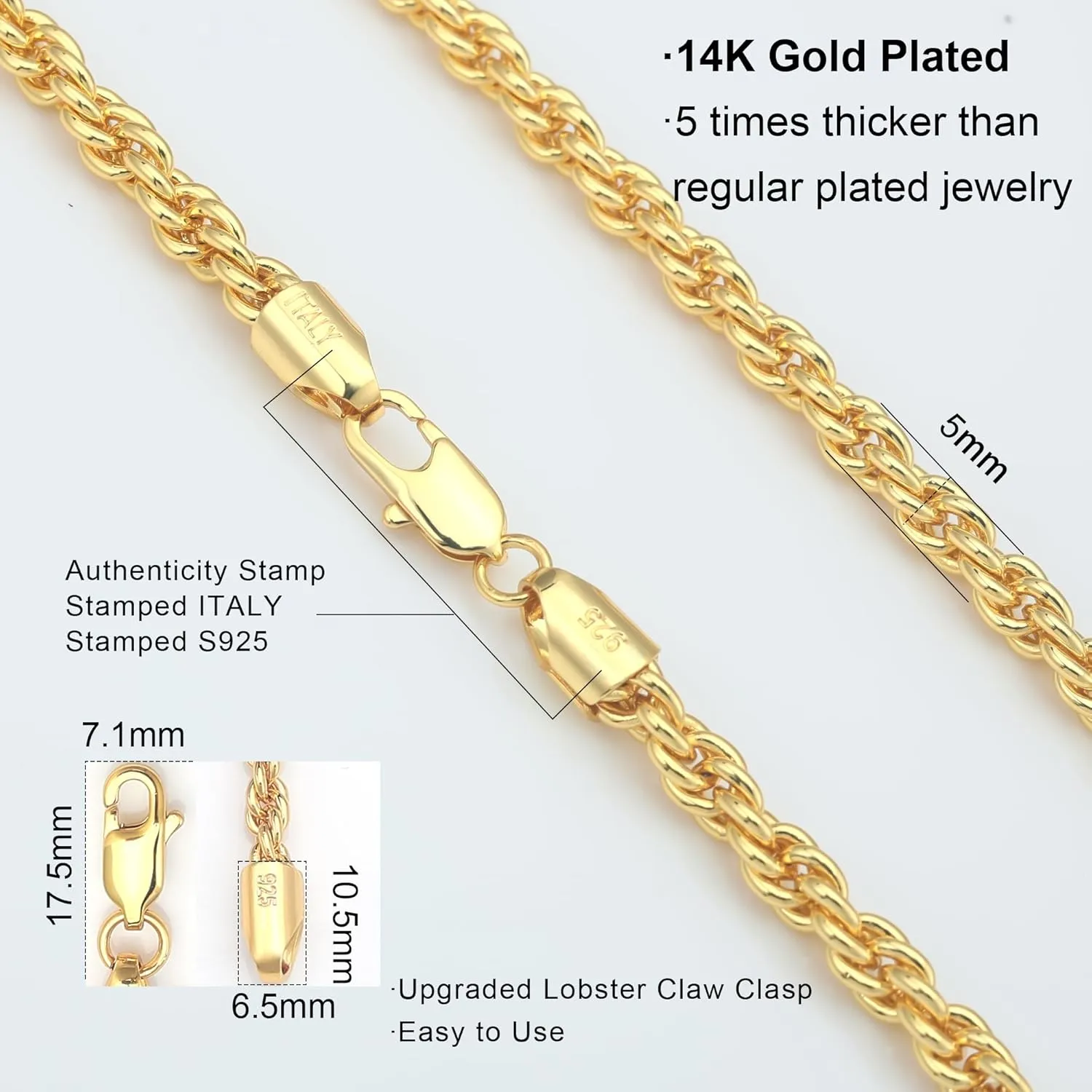 925 Sterling Silver Rope Chain Lobster Clasp 2/2.5/3/4/5mm Gold/Silver Chain for Men Women Silver Necklace Chain 16/18/20/22/24/26/30 Inches