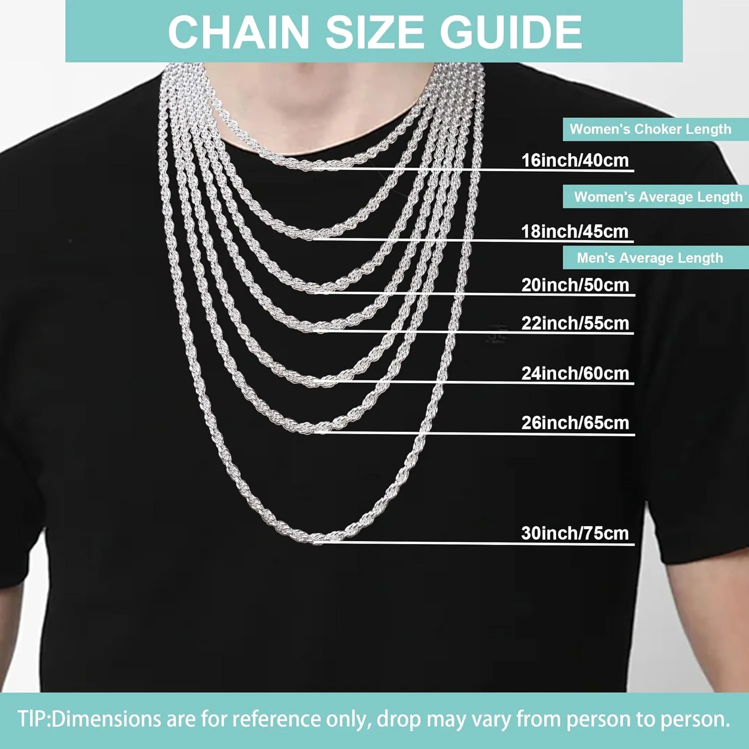 925 Sterling Silver Rope Chain Lobster Clasp 2/2.5/3/4/5mm Gold/Silver Chain for Men Women Silver Necklace Chain 16/18/20/22/24/26/30 Inches