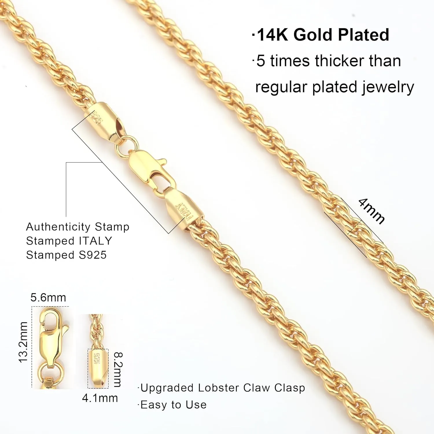 925 Sterling Silver Rope Chain Lobster Clasp 2/2.5/3/4/5mm Gold/Silver Chain for Men Women Silver Necklace Chain 16/18/20/22/24/26/30 Inches