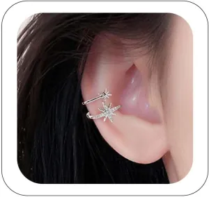 925 Sterling Silver Starburst Ear Cuff Earrings Boho Crystal Northstar Non Piercing Earrings Dainty Hexagram CZ Ear Clip Wrap Around Sparkling Star Cartilage Cuff Earrings for Women