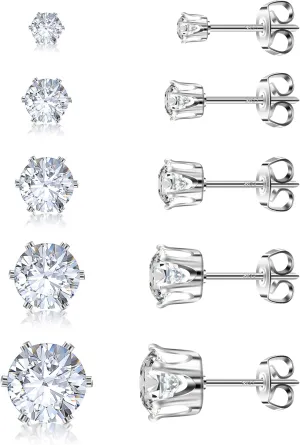 925 Sterling Silver Stud Earrings Set of 5 Pairs Hypoallergenic 18K Gold Cubic Zirconia Earrings for Women Men Sparkling Fancy Gift
