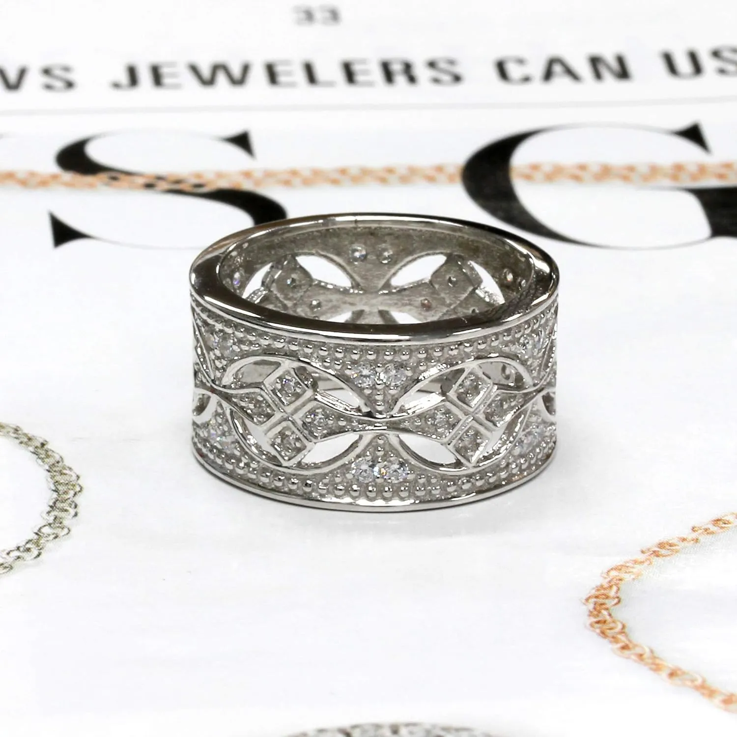 925 Sterling Silver Vintage Ring CZ Stone Pave Set Wide Filigree Band Anniversary Ring 11MM (Size 5 to 10)