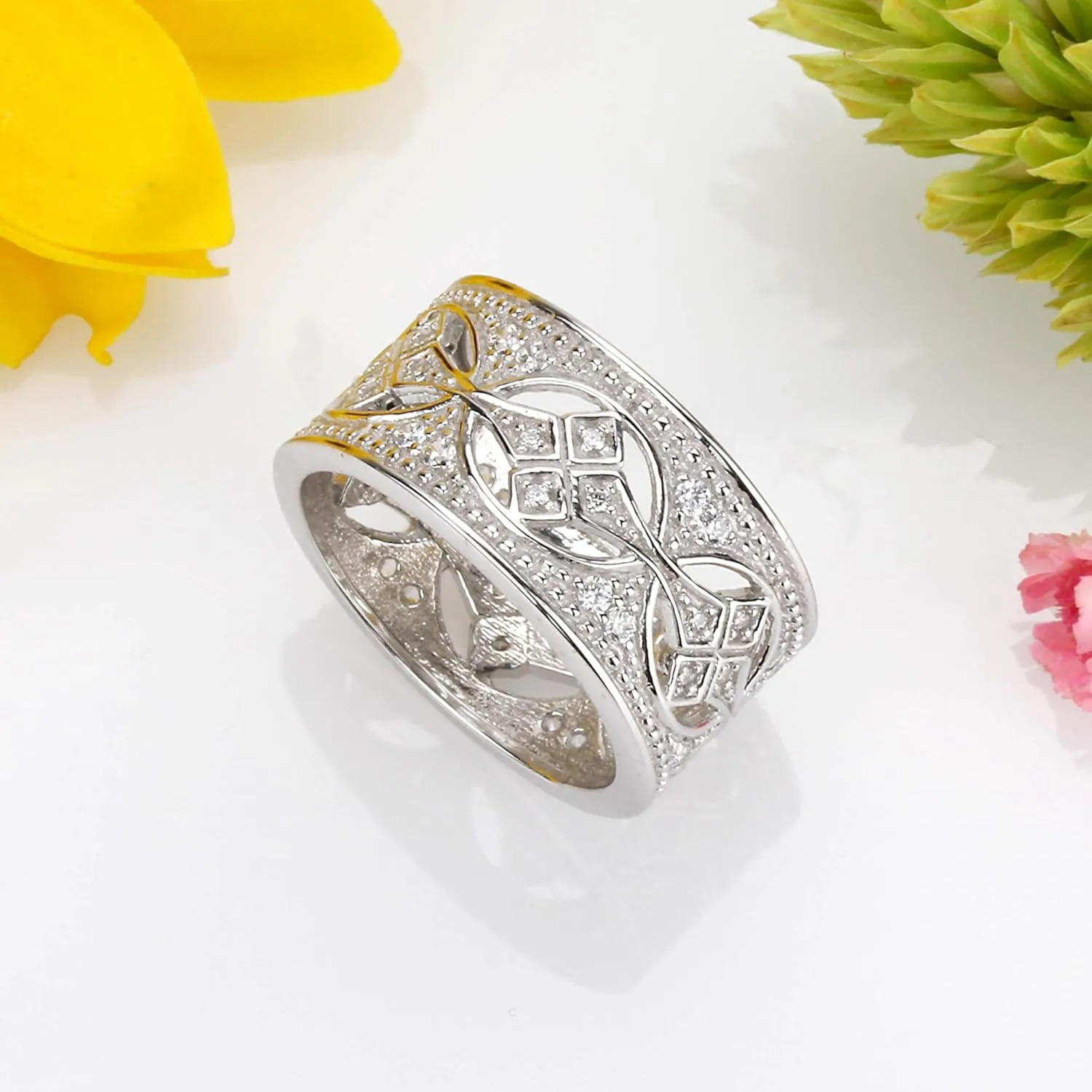 925 Sterling Silver Vintage Ring CZ Stone Pave Set Wide Filigree Band Anniversary Ring 11MM (Size 5 to 10)