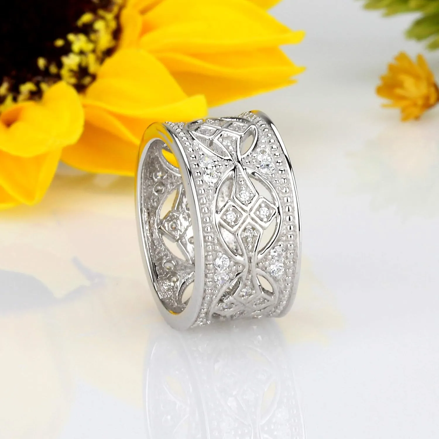 925 Sterling Silver Vintage Ring CZ Stone Pave Set Wide Filigree Band Anniversary Ring 11MM (Size 5 to 10)