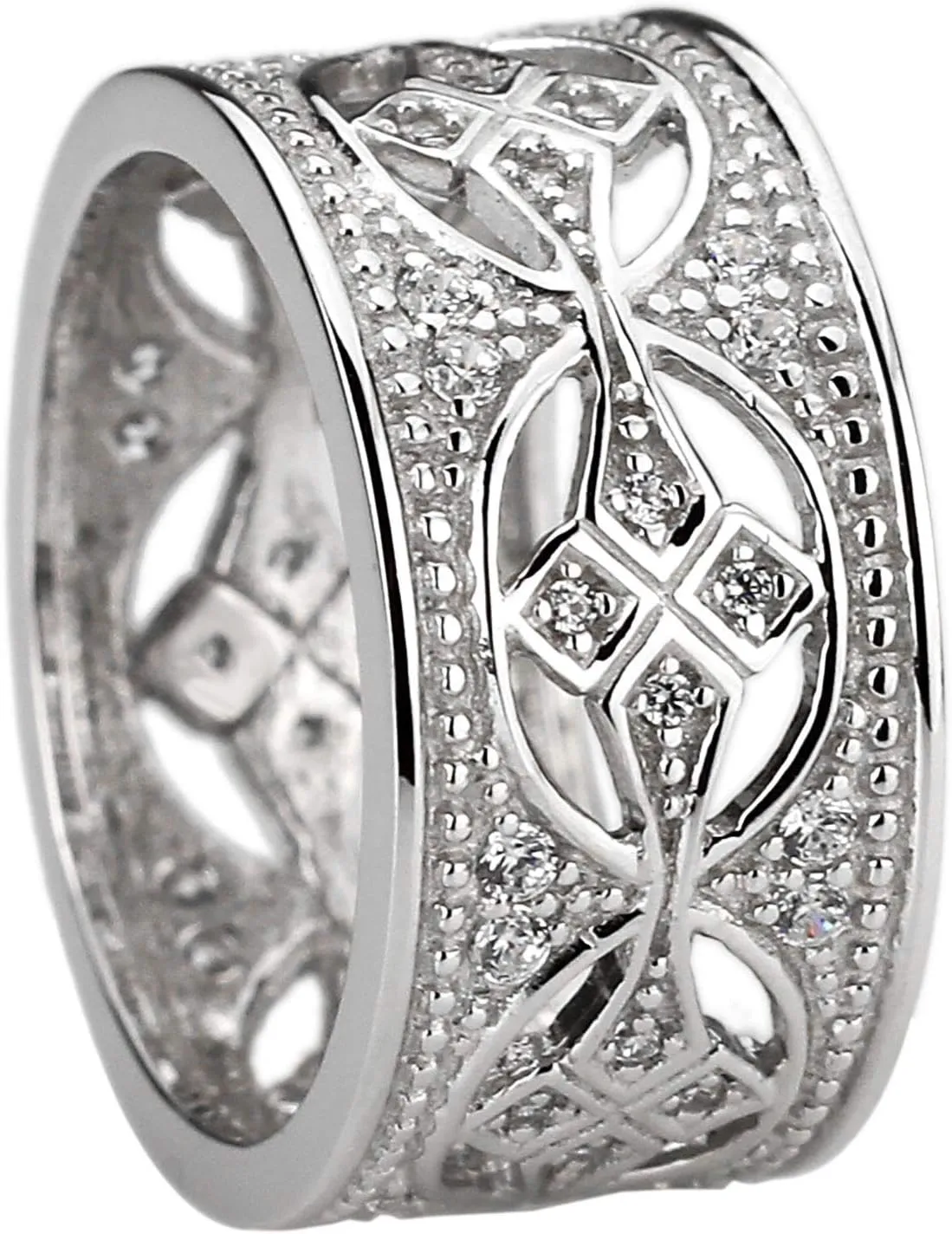 925 Sterling Silver Vintage Ring CZ Stone Pave Set Wide Filigree Band Anniversary Ring 11MM (Size 5 to 10)