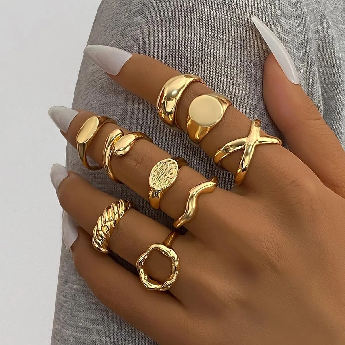 9pcs 14k Plated Gold Rings for Women Dainty Stackable Finger Adjustable Ring Boho Fashion Rings Set for Woman Trendy Stuff Statement Jewelry