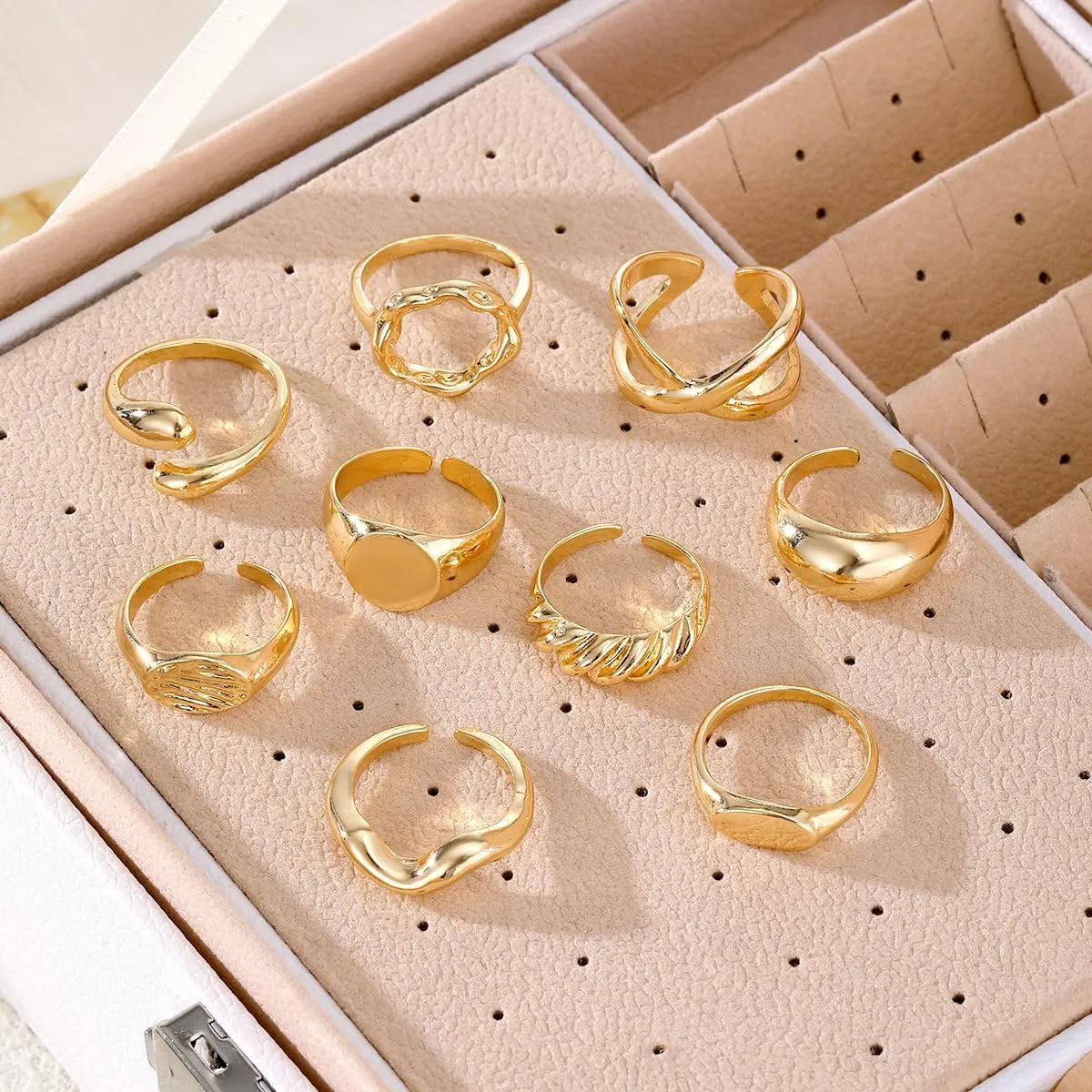 9pcs 14k Plated Gold Rings for Women Dainty Stackable Finger Adjustable Ring Boho Fashion Rings Set for Woman Trendy Stuff Statement Jewelry