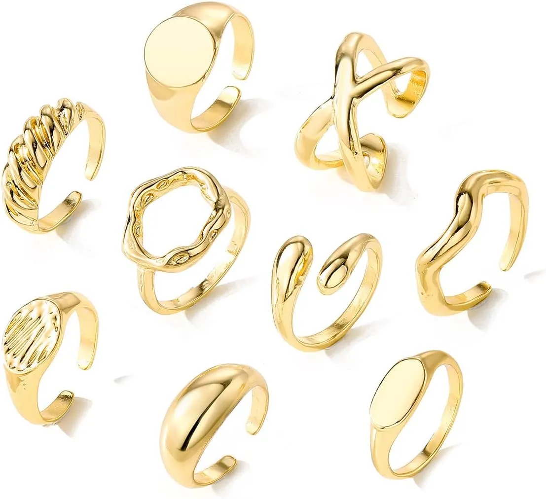 9pcs 14k Plated Gold Rings for Women Dainty Stackable Finger Adjustable Ring Boho Fashion Rings Set for Woman Trendy Stuff Statement Jewelry