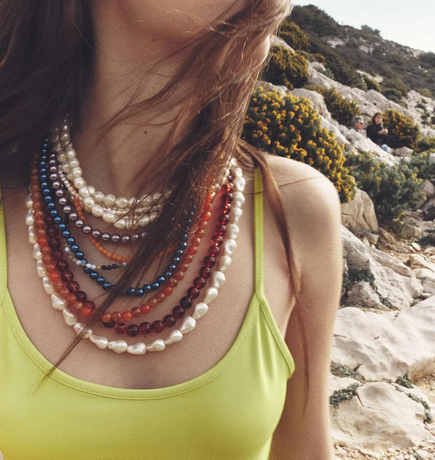 Acrylic Red Coral Choker Multi Layered Beaded Pearls Strands Necklace Chains, Statement Necklace