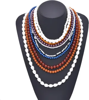 Acrylic Red Coral Choker Multi Layered Beaded Pearls Strands Necklace Chains, Statement Necklace