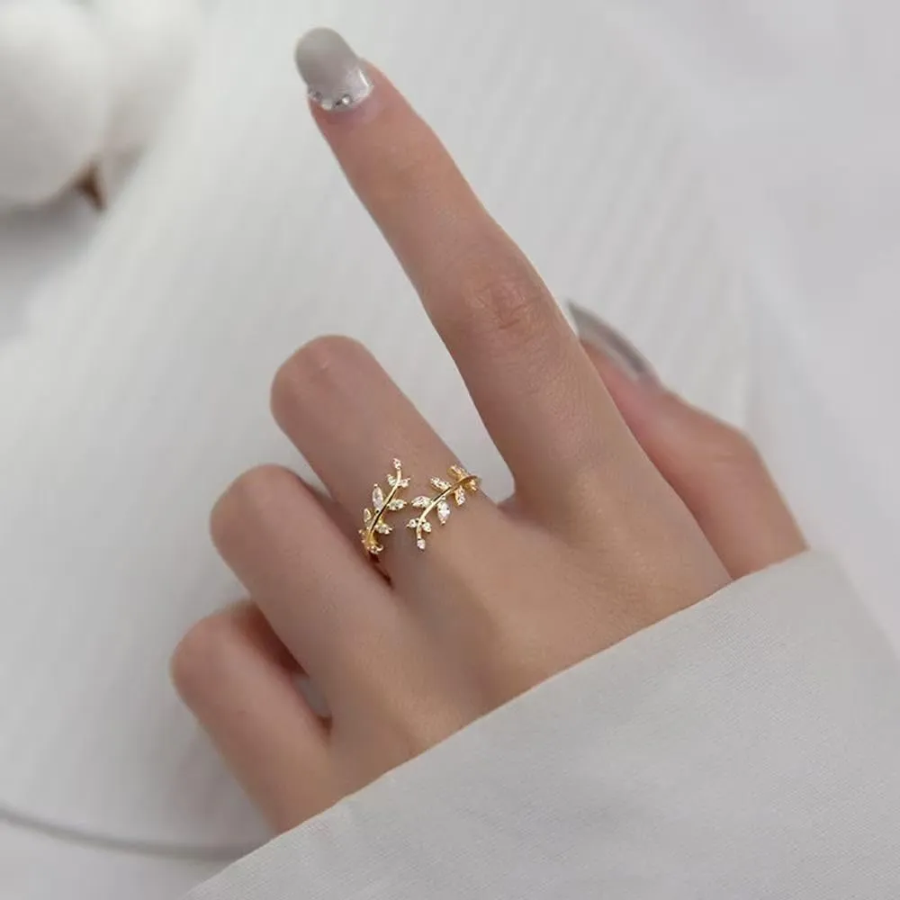 Adjustable 18k Gold Plated CZ Leaf Open Ring Dainty Double Cubic Zirconia Olive Branch Leaves Band Stacking Finger Rings Minimalist Cute Statement Ring Jewelry for Women Teen Girls