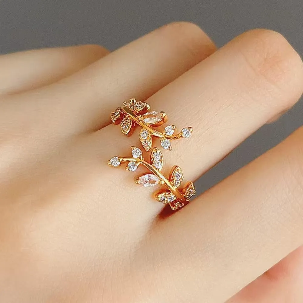 Adjustable 18k Gold Plated CZ Leaf Open Ring Dainty Double Cubic Zirconia Olive Branch Leaves Band Stacking Finger Rings Minimalist Cute Statement Ring Jewelry for Women Teen Girls