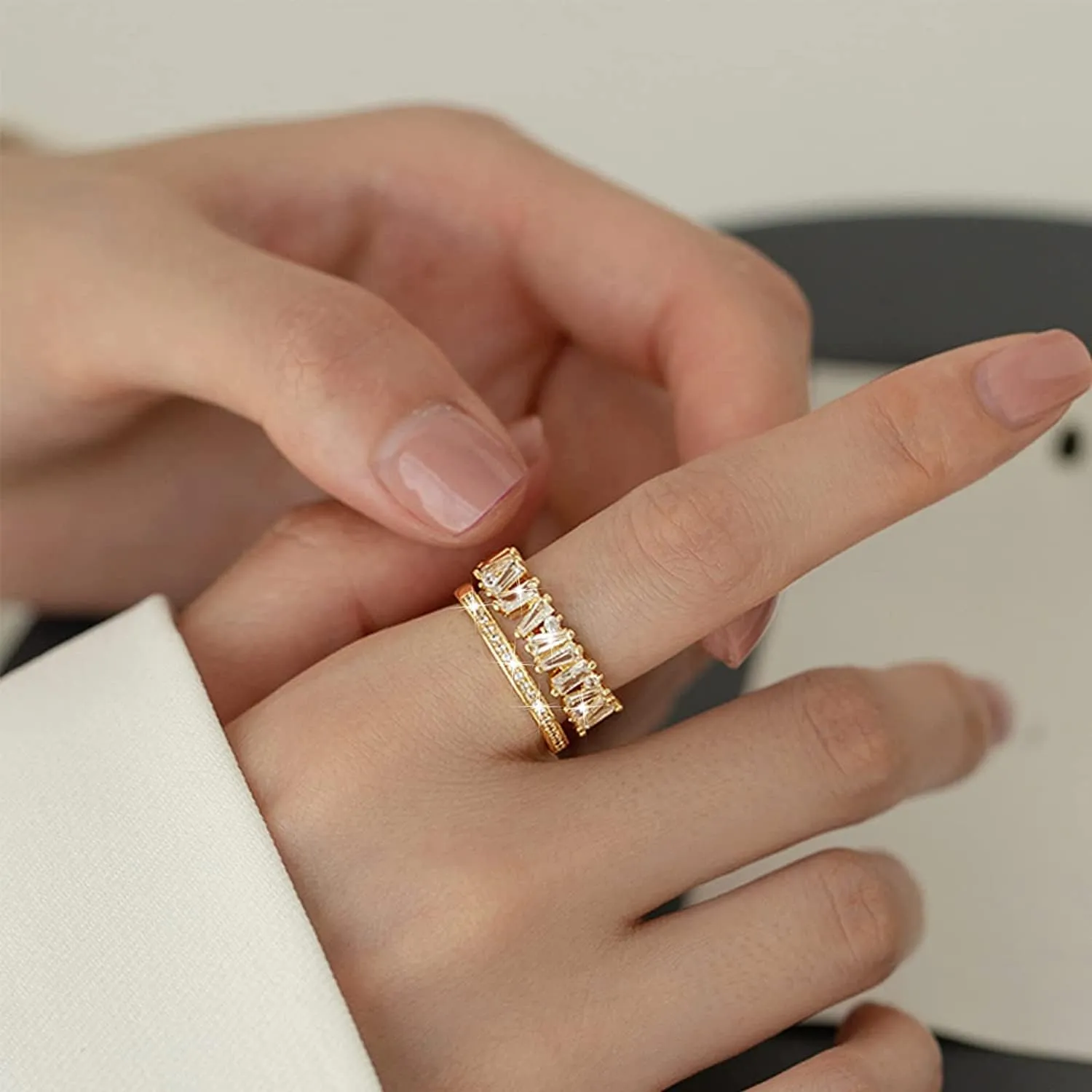 Adjustable 18k Gold Plated CZ Leaf Open Ring Dainty Double Cubic Zirconia Olive Branch Leaves Band Stacking Finger Rings Minimalist Cute Statement Ring Jewelry for Women Teen Girls