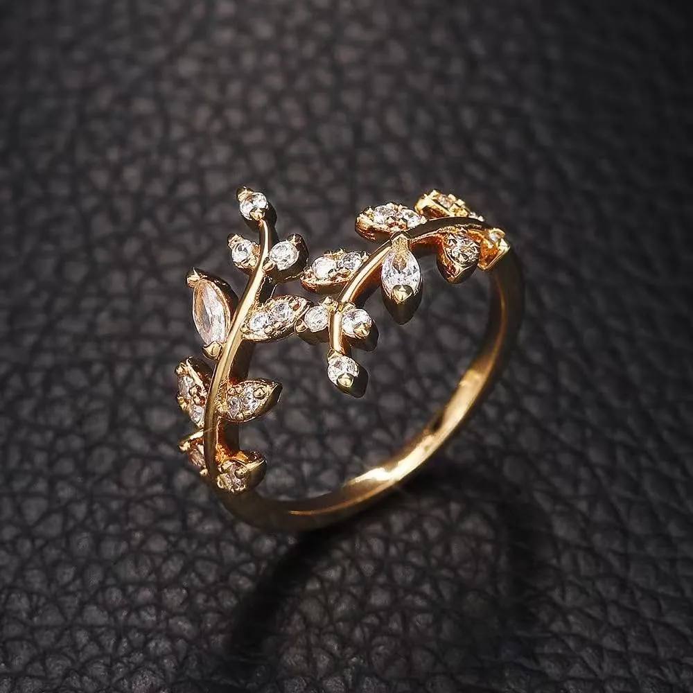 Adjustable 18k Gold Plated CZ Leaf Open Ring Dainty Double Cubic Zirconia Olive Branch Leaves Band Stacking Finger Rings Minimalist Cute Statement Ring Jewelry for Women Teen Girls
