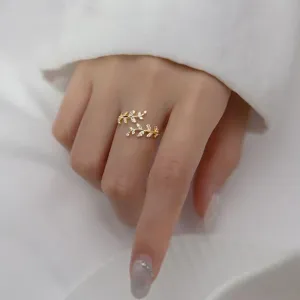 Adjustable 18k Gold Plated CZ Leaf Open Ring Dainty Double Cubic Zirconia Olive Branch Leaves Band Stacking Finger Rings Minimalist Cute Statement Ring Jewelry for Women Teen Girls