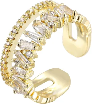 Adjustable 18k Gold Plated CZ Leaf Open Ring Dainty Double Cubic Zirconia Olive Branch Leaves Band Stacking Finger Rings Minimalist Cute Statement Ring Jewelry for Women Teen Girls