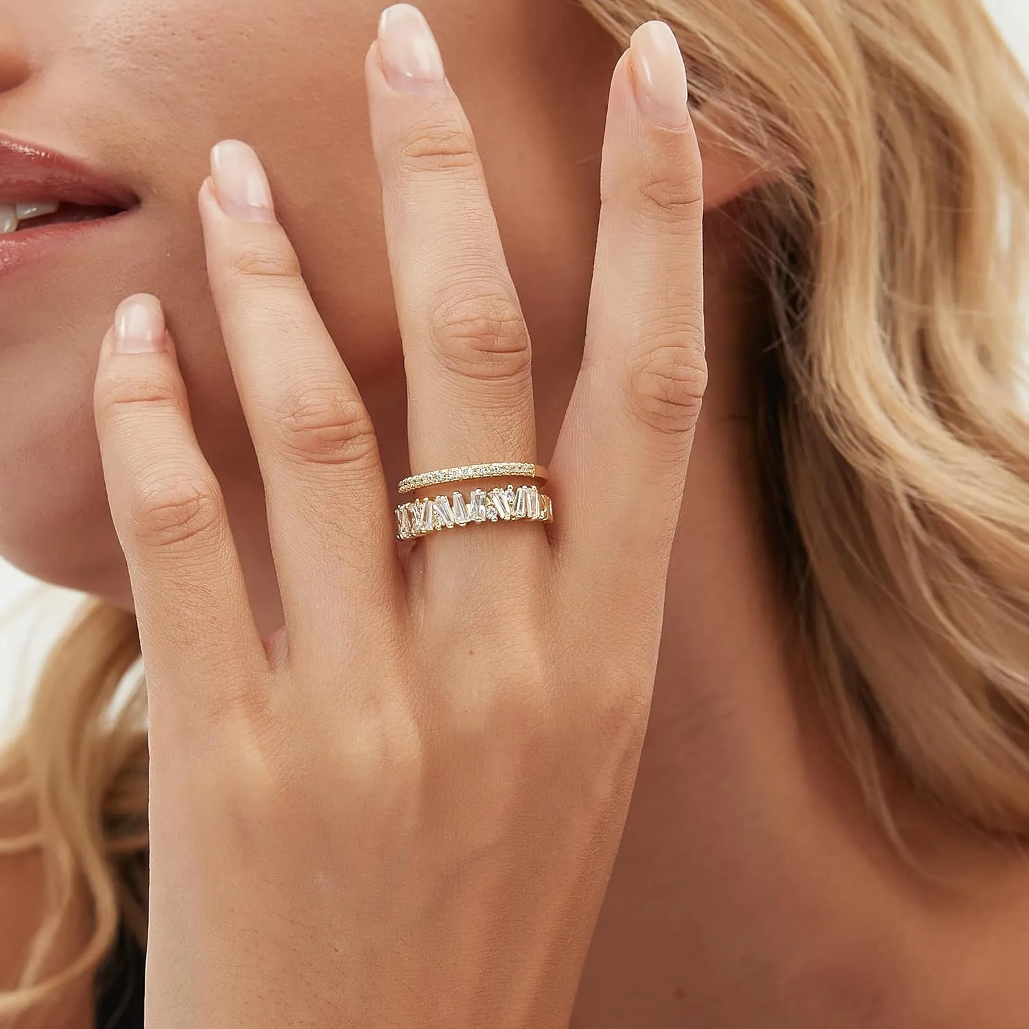 Adjustable 18k Gold Plated CZ Leaf Open Ring Dainty Double Cubic Zirconia Olive Branch Leaves Band Stacking Finger Rings Minimalist Cute Statement Ring Jewelry for Women Teen Girls
