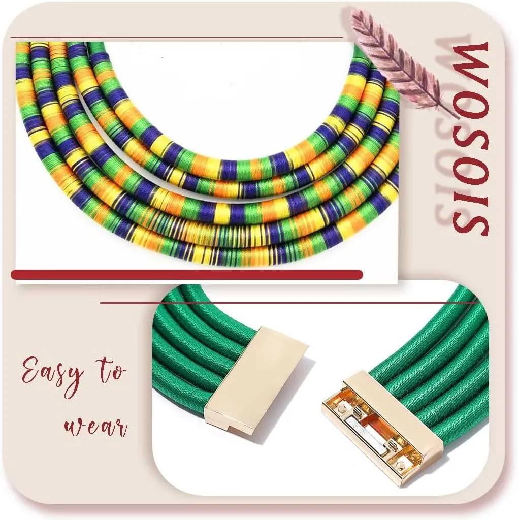 African Necklace Earrings Set Multilayer Woven Rope Choker Layered Strand Collar Statement Jewelry Accessories for Women