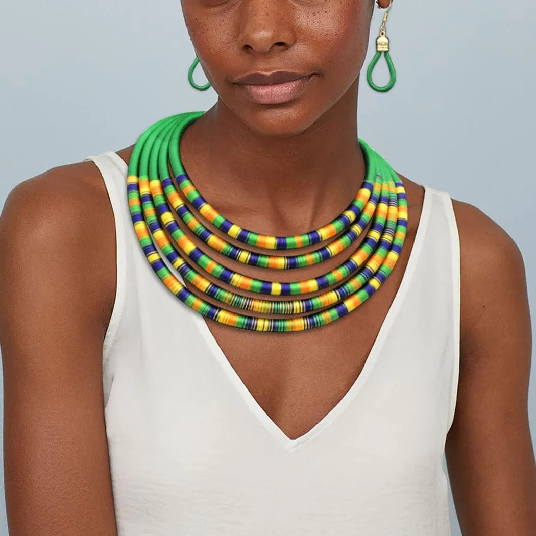 African Necklace Earrings Set Multilayer Woven Rope Choker Layered Strand Collar Statement Jewelry Accessories for Women