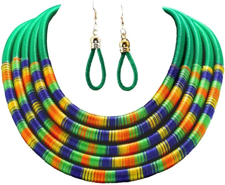 African Necklace Earrings Set Multilayer Woven Rope Choker Layered Strand Collar Statement Jewelry Accessories for Women
