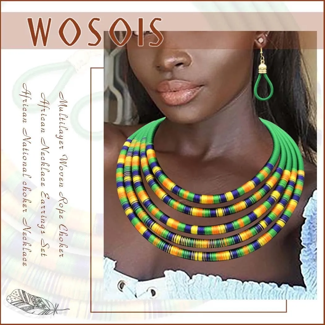 African Necklace Earrings Set Multilayer Woven Rope Choker Layered Strand Collar Statement Jewelry Accessories for Women