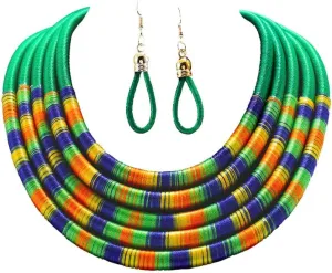 African Necklace Earrings Set Multilayer Woven Rope Choker Layered Strand Collar Statement Jewelry Accessories for Women