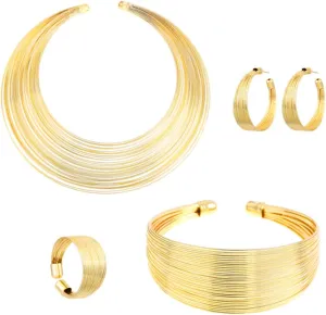 African NecklaceMulti-Layer Hoop Gold Plated Bib Choker Earring Bracelet Ring Statement Necklaces for Women (GOLD)