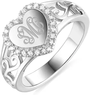 AILIN Custom Classic Heart Monogram Ring 925 Sterling Silver Personalized Engraving initials Rings Graduation Christmas Wedding Anniversary Mothers Day Jewelry Gifts For Women Sister Wife Daughter