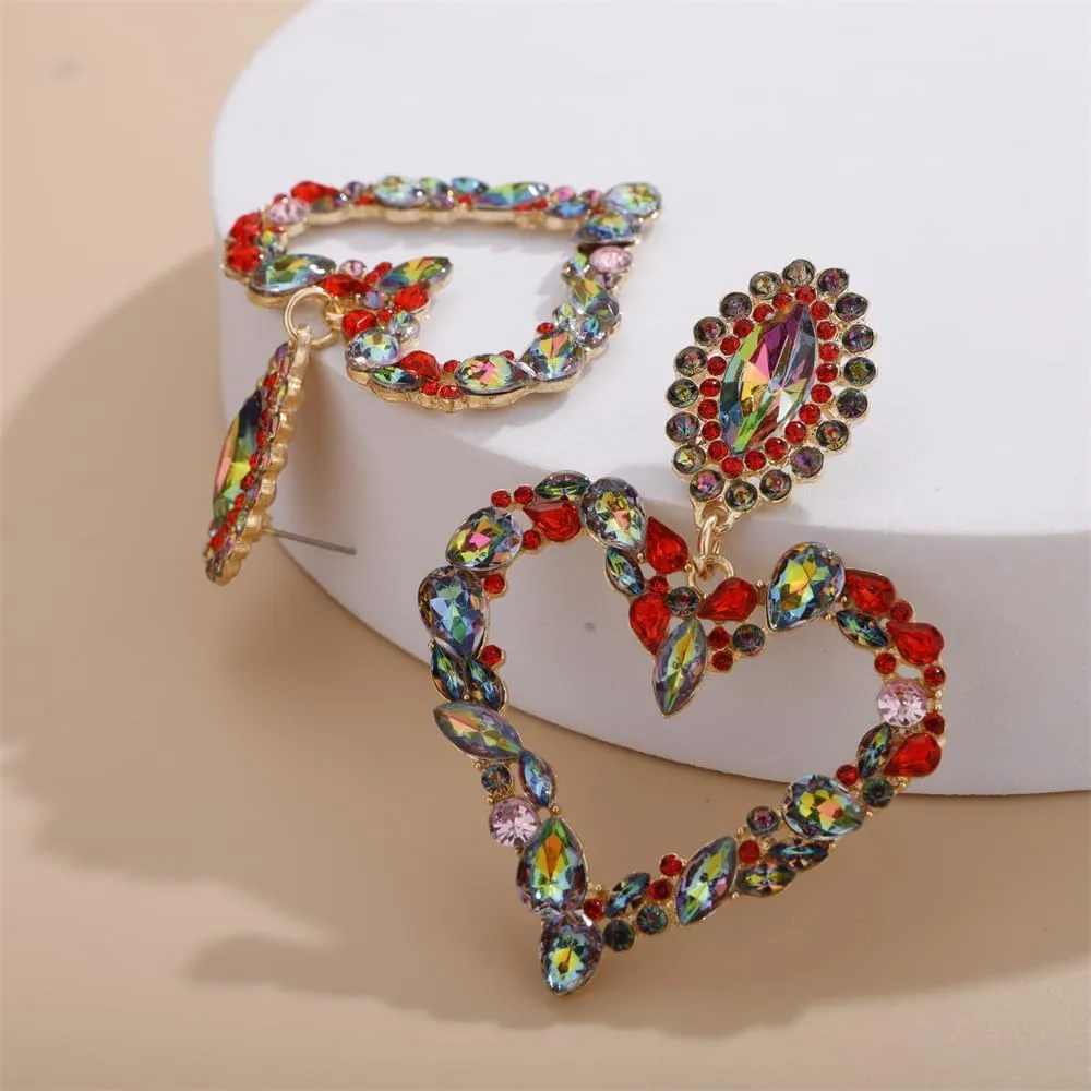 Aimimier Bohemian Sparkling Heart Crystal Dangle Earrings Rhinestone Chandelier Earrings Festival Prom Party Accessories for Women