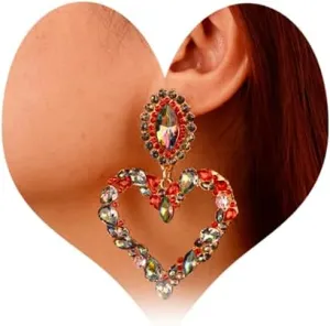 Aimimier Bohemian Sparkling Heart Crystal Dangle Earrings Rhinestone Chandelier Earrings Festival Prom Party Accessories for Women