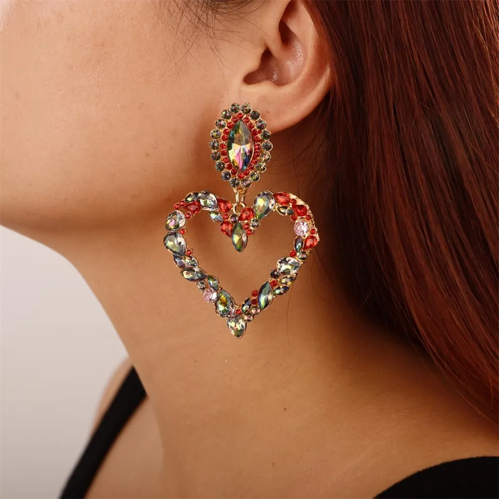 Aimimier Bohemian Sparkling Heart Crystal Dangle Earrings Rhinestone Chandelier Earrings Festival Prom Party Accessories for Women