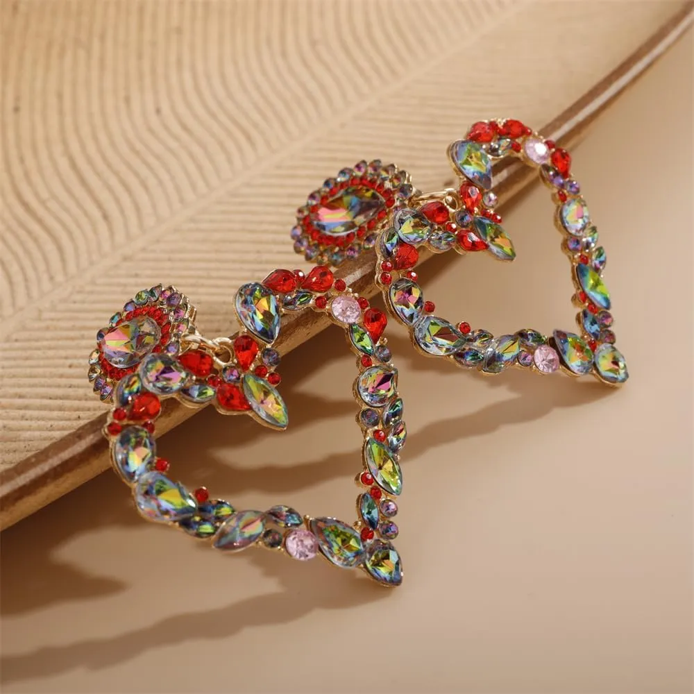 Aimimier Bohemian Sparkling Heart Crystal Dangle Earrings Rhinestone Chandelier Earrings Festival Prom Party Accessories for Women