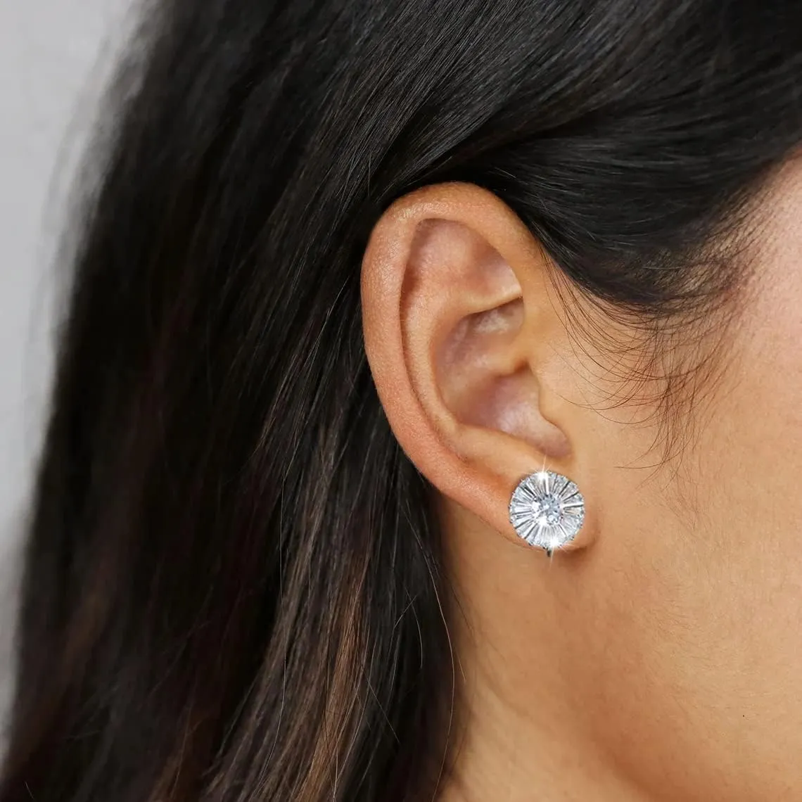 AllenCOCO 14K White Gold Plated CZ Halo Clip On Stud Earrings, Sparkling Round Cubic Zirconia Non Pierced Clip-Earrings For Women Girls